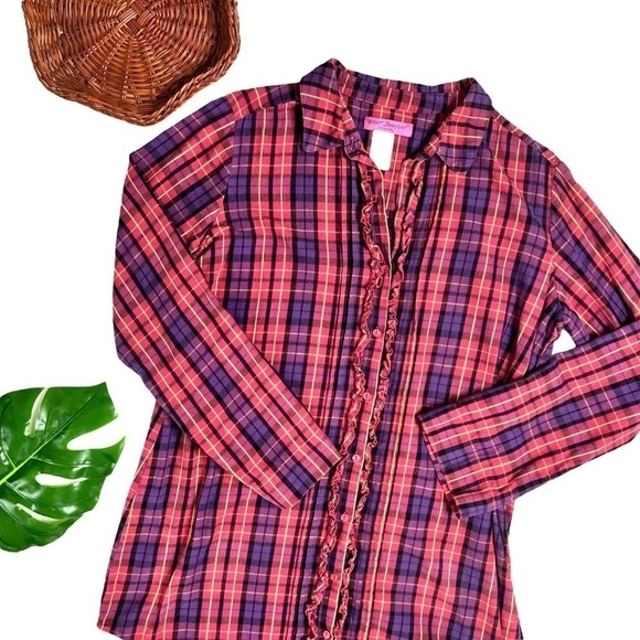 Betsey Johnson Intimates Vintage Y2K Pink Purple Plaid Tunic Sleep Shirt Medium - Picture 3 of 11